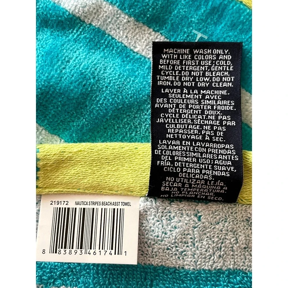 Nautica‎ Beach Towel Teal White Striped 100% Cotton Brand New NWT Nautical
